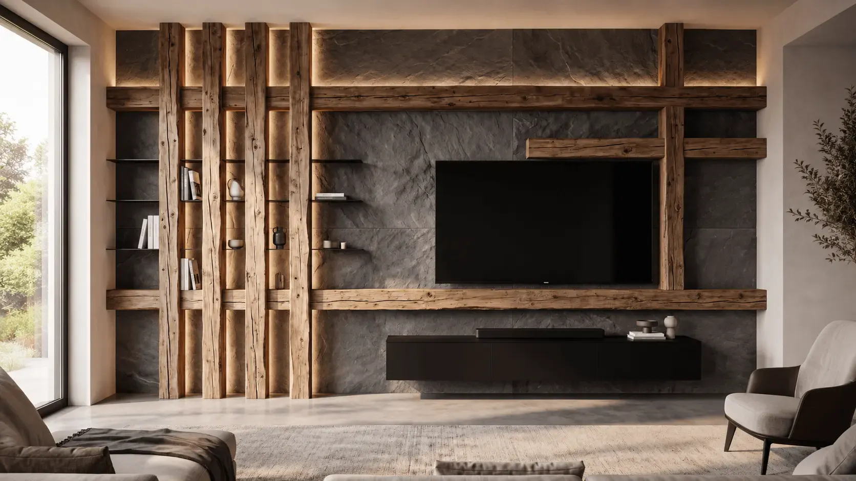 Altholzbalken als Gestaltungsraster einer TV-Wand vor Naturstein